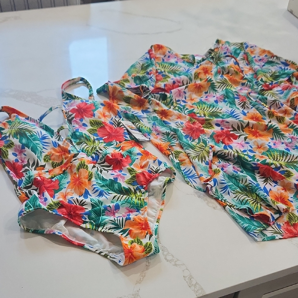 Nwt Swimsuit With Cover Up.  Floral One Piece Adjustable Straps
